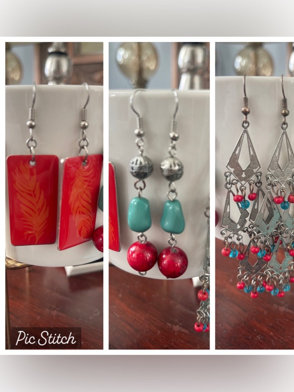 3️⃣ Silver Tone Orange Teal Red Earrings Craft Supplies